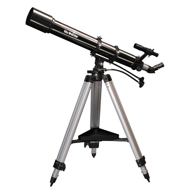 Telescopio refractor marca Sky Watcher, con 90 mm de apertura, 900 mm de focal y montura altazimutal